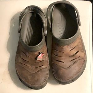 Crocs with leather upper. Well used. Brown. 9